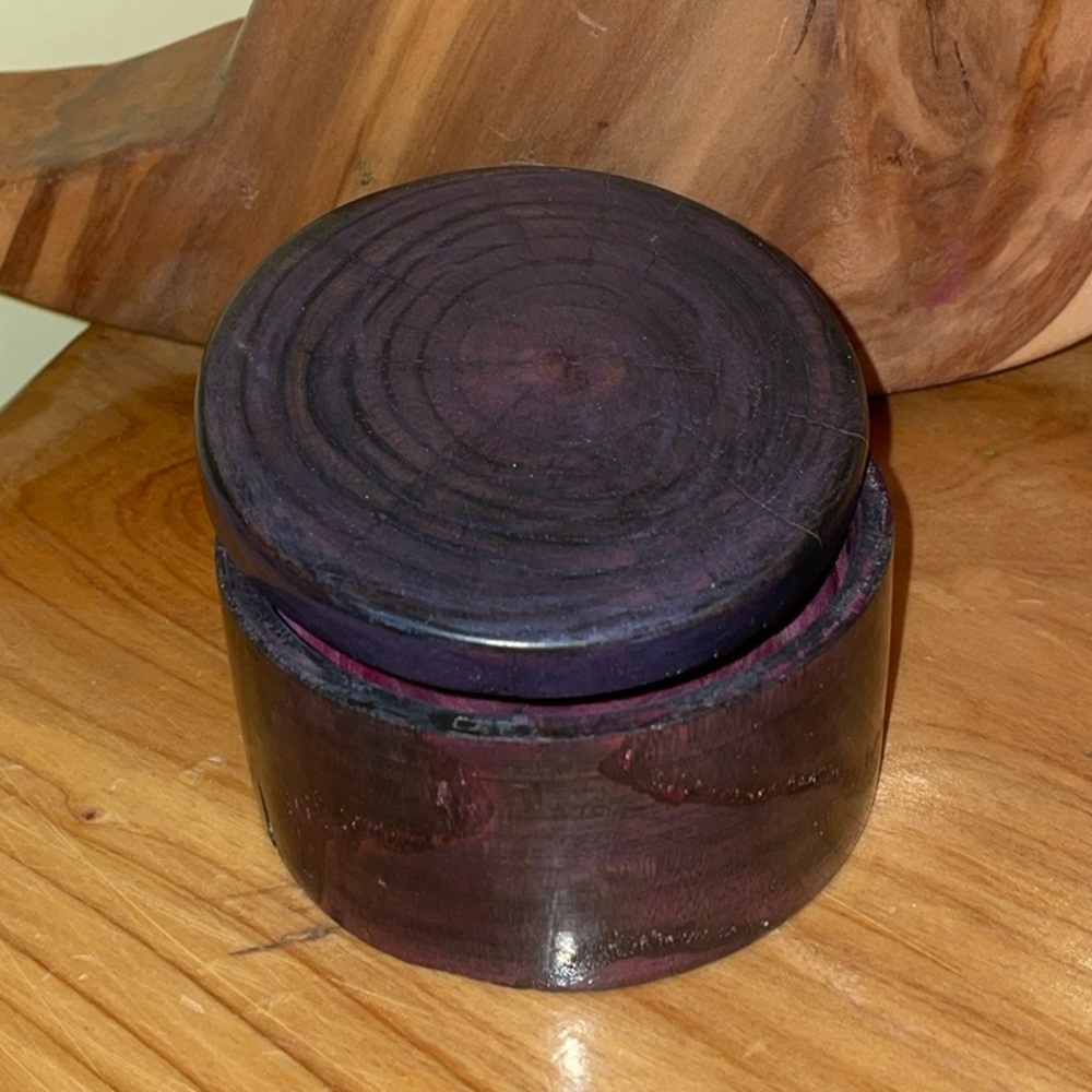 Small purple wooden bowl handmade with matching lid